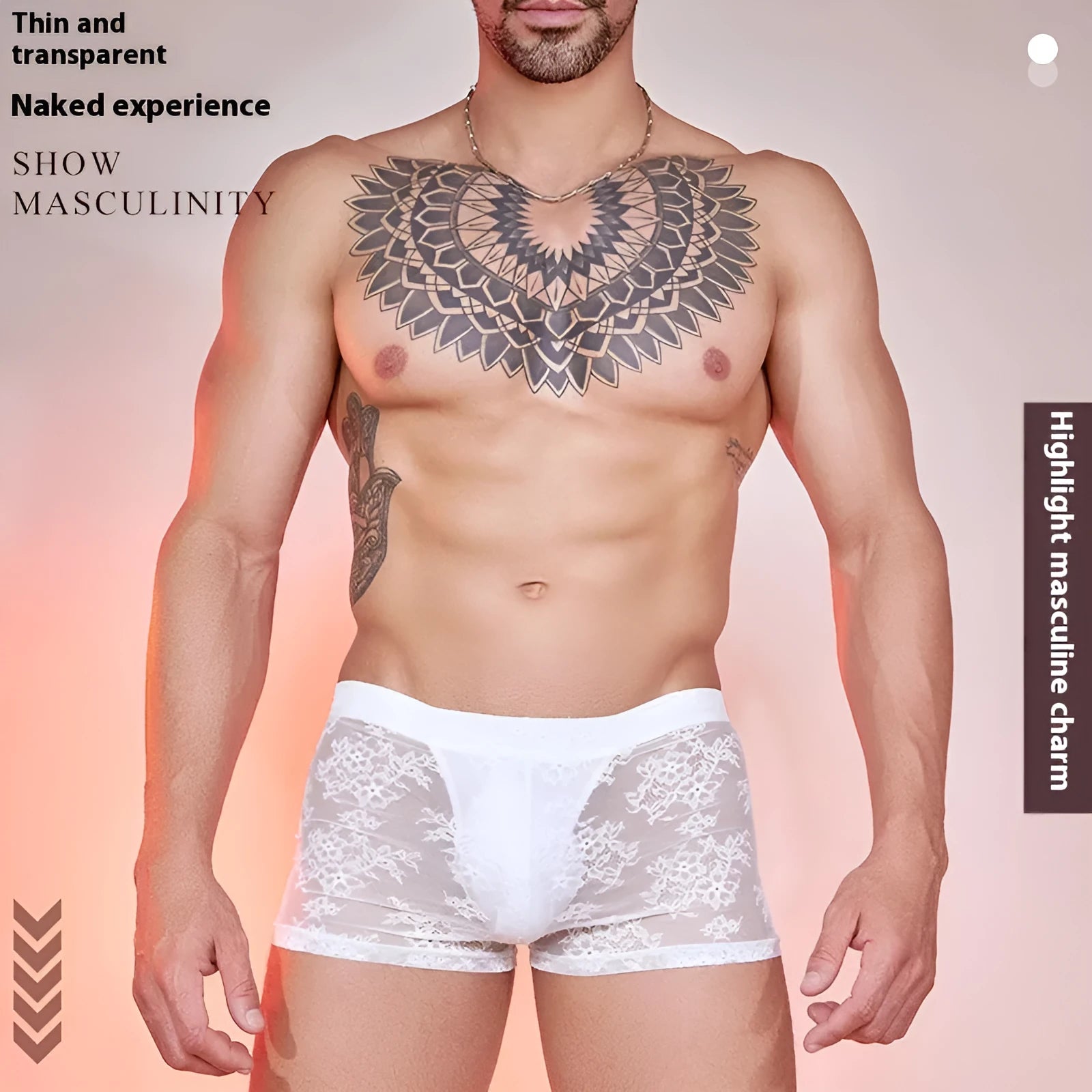 Men's lace boxers in nylon, shown in black, white, and red colours.