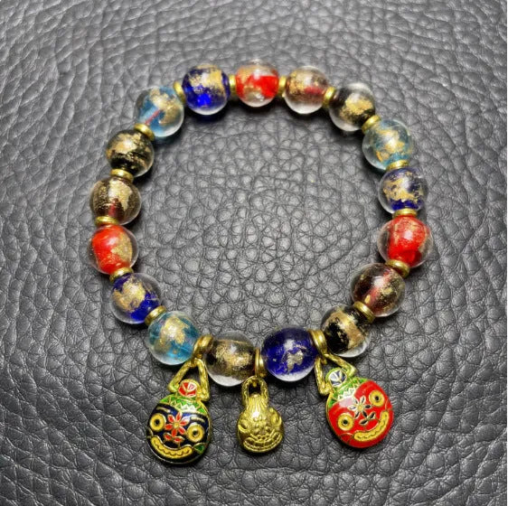 Ancient French Glaze geometric glass bead bracelet with auspicious patterns in red, purple, blue, green, black or colourful.