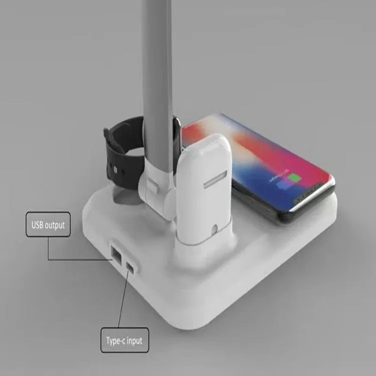 Black and white 4-in-1 LED desk lamp with wireless charging pad and Type-C interface