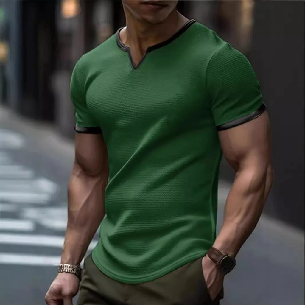 Colour-block V-neck outdoor sports T-shirt in waffle polyester fabric with short sleeves