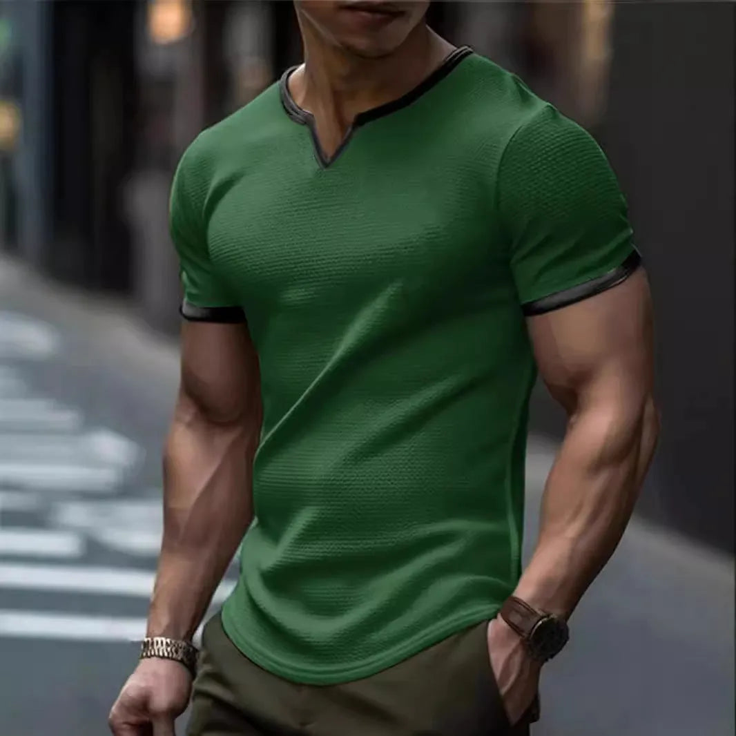 Colour-block V-neck outdoor sports T-shirt in waffle polyester fabric with short sleeves
