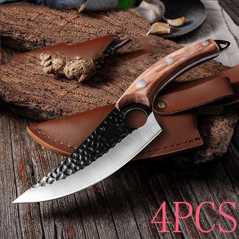 Slaughter and boning knife with curved blade, hammer pattern finish, ring handle, and brown leather sheath.