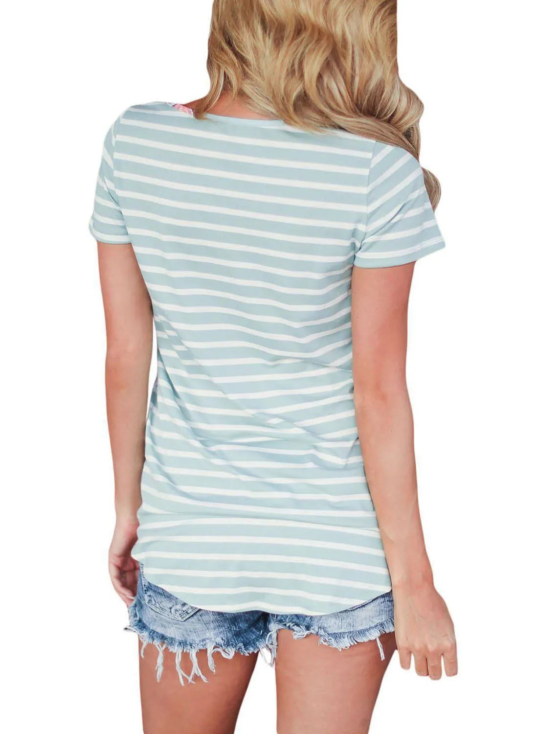 Summer striped breastfeeding top for pregnant women, slim fit, short sleeves, round collar, in green colour