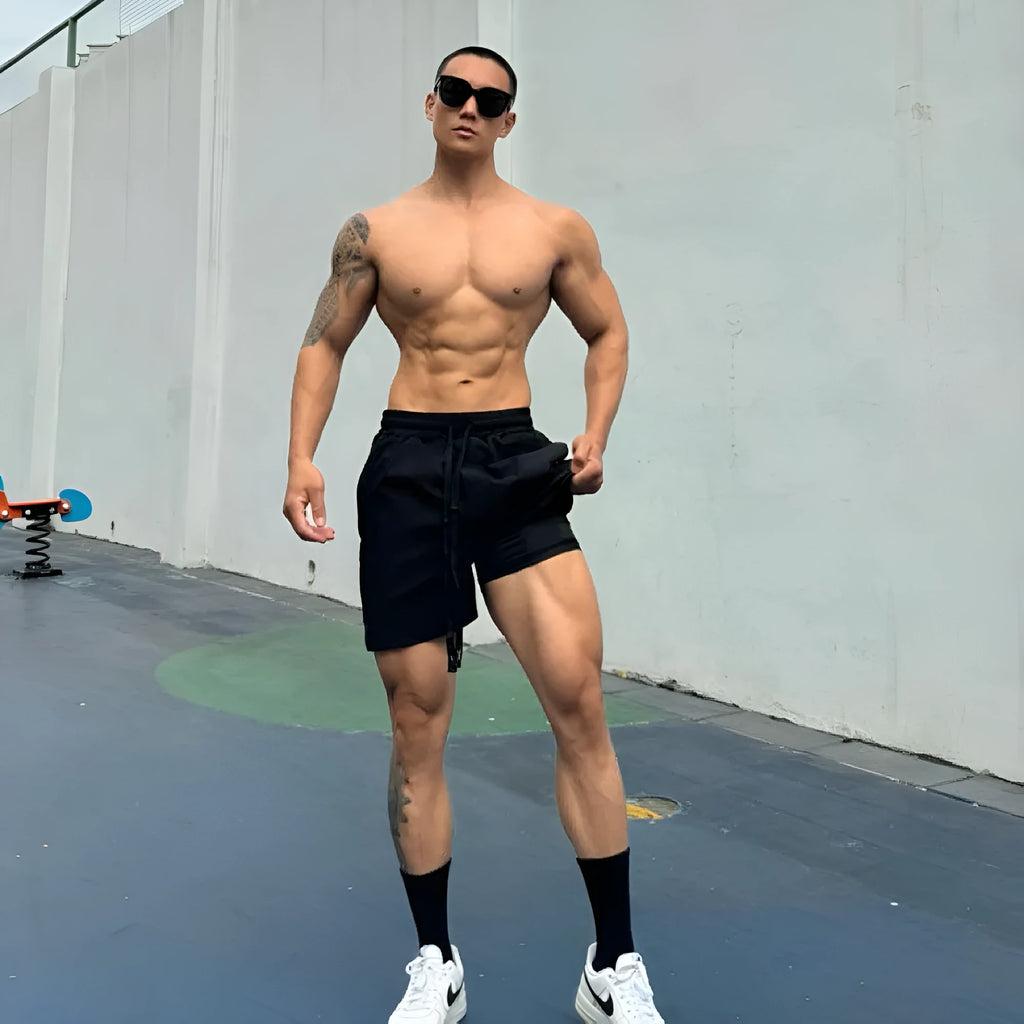 Men's Ice Silk quick-dry double-layer casual shorts in nylon fabric.