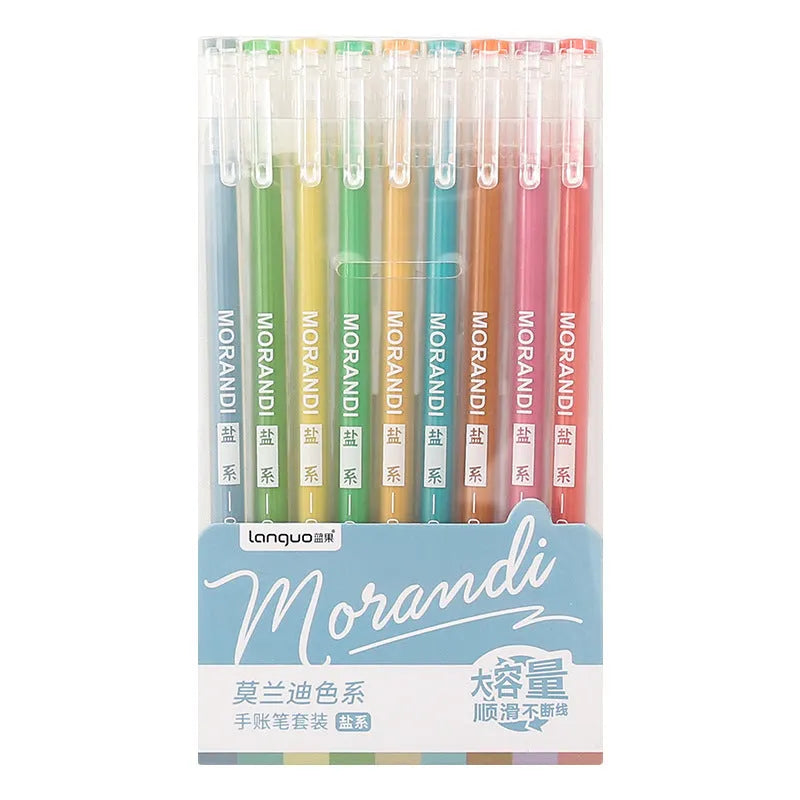 Set of nine plastic gel pens with 0.5mm needle tips in a choice of Japanese-inspired colour themes.