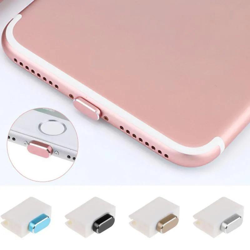 Aluminium alloy dust plug for iPhone charging port in various metallic colours.