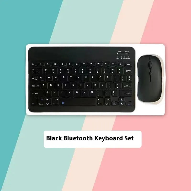 10-inch compact Bluetooth keyboard and wireless mouse in a solid colour on a desk.