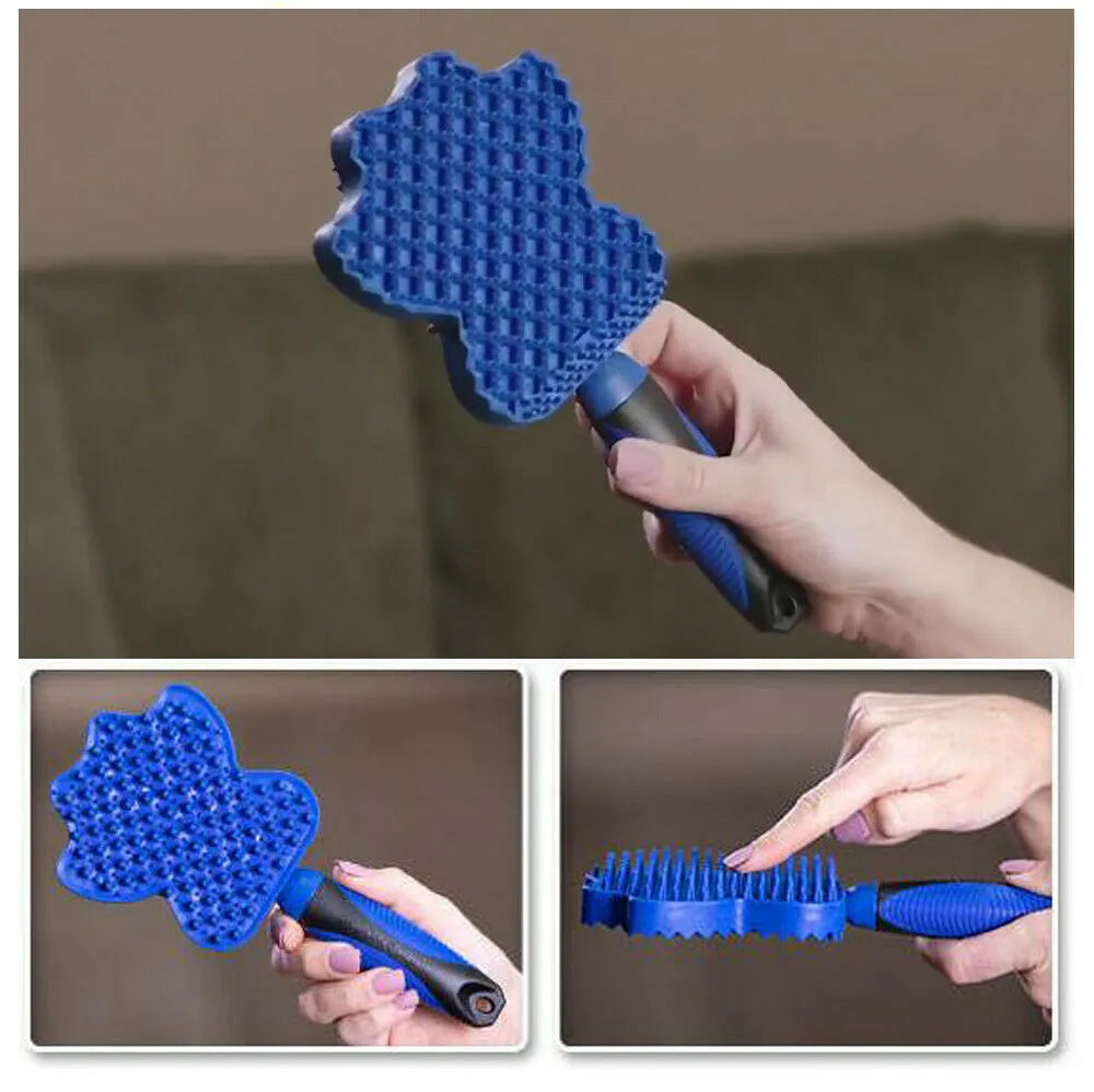 Blue pet hair remover brush 23 × 9 × 2.5cm with flexible silicone bristles and reverse shampoo comb for dogs and cats