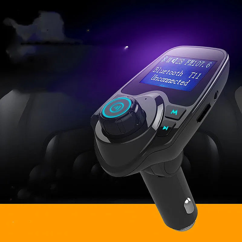 Black G7 Bluetooth car FM transmitter and hands-free kit plugged into a 12V car socket