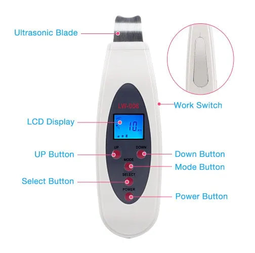 White ultrasonic skin cleaner with spatula probe, ABS body, 1.75m cable, for blackhead removal and facial cleaning