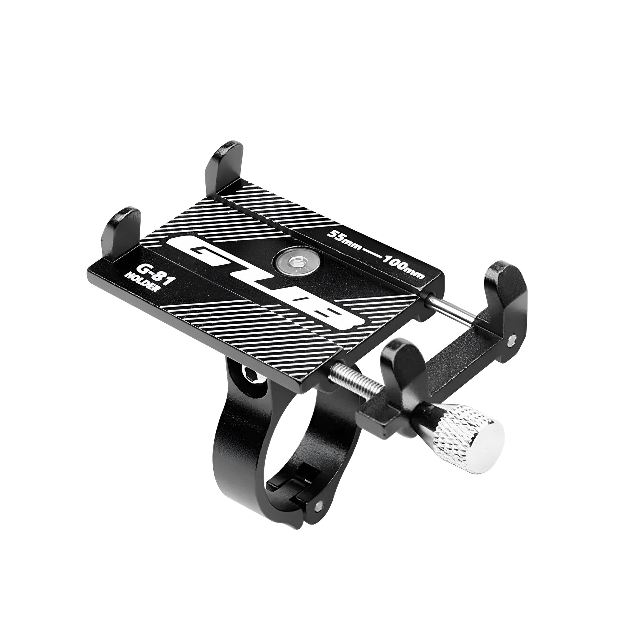 Aluminium bicycle phone holder mounted on a handlebar, showing a smartphone secured in the 360-degree rotating clamp.