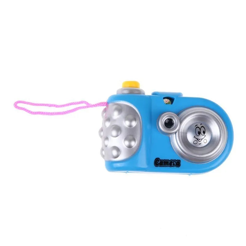 Children's plastic projection camera toy showing animal images with interactive sliding lip mechanism