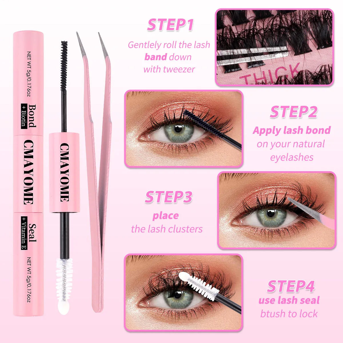 DIY false eyelashes extension suit with cluster lashes and metal tweezers