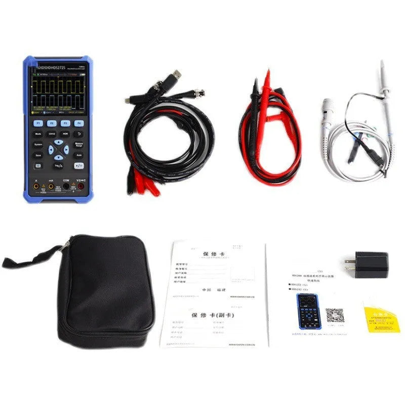 Owon HDS272 handheld digital oscilloscope with probe on black background