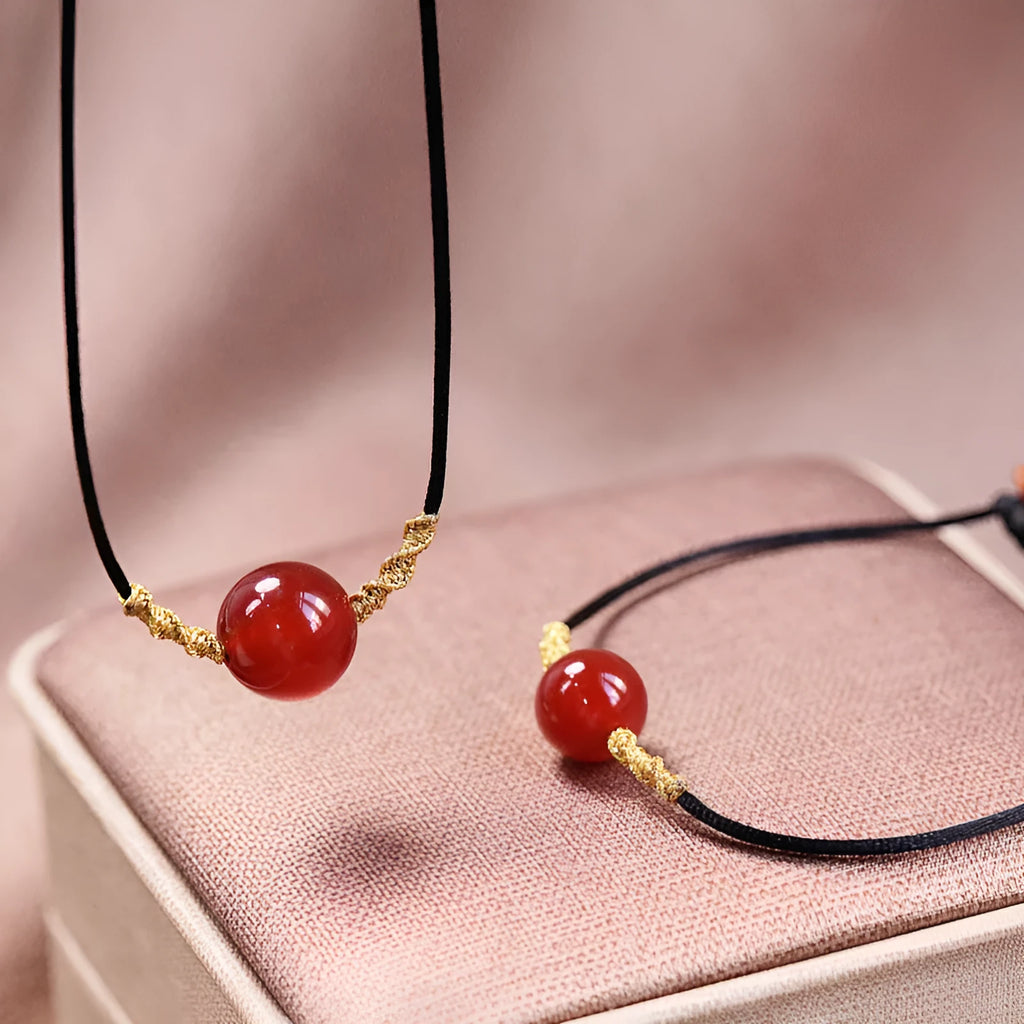 Hand-woven natural red agate bracelet and necklace set with traditional national style bean elements