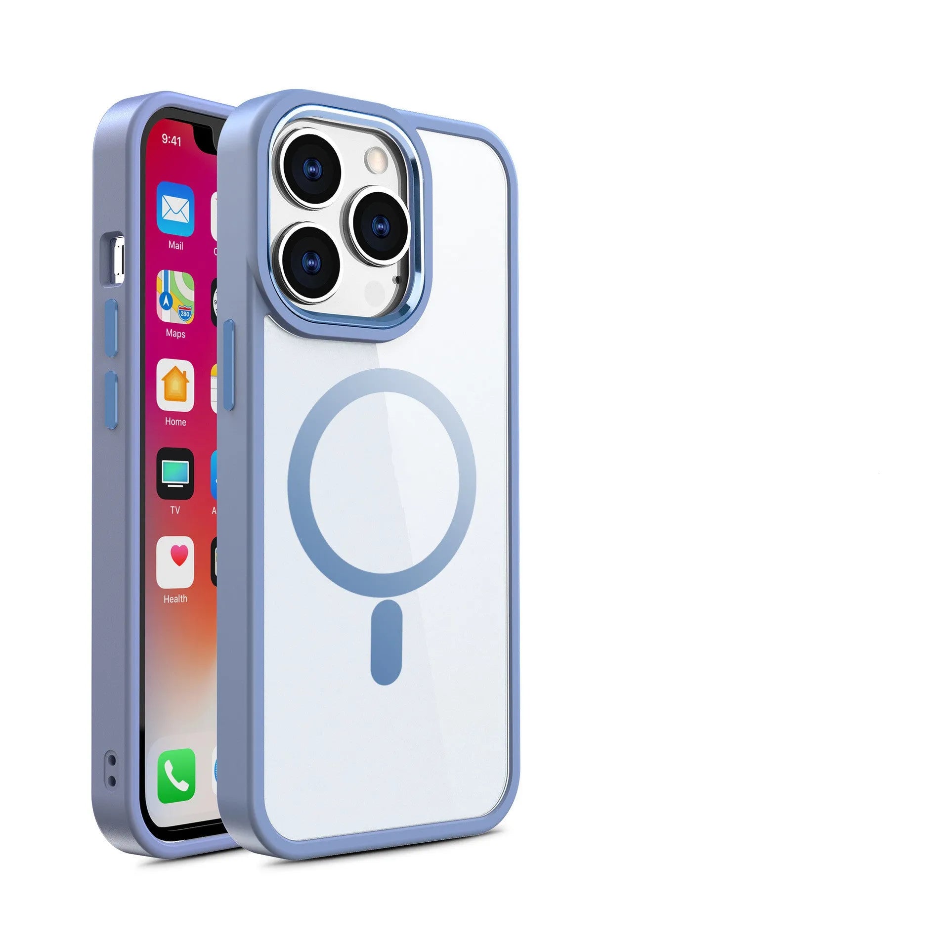 Transparent magnetic silicone phone case for iPhone on a table, showing the solid colour accent and integrated ring.