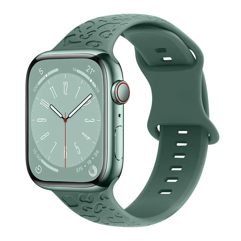 Leopard print silicone watch strap with 8-word buckle for Apple Watch 38mm to 49mm case sizes