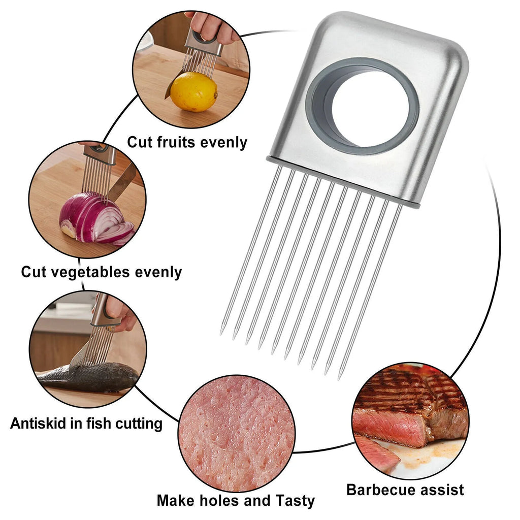 Stainless steel onion holder slicer with sharp prongs and a red finger guard on a cutting board.