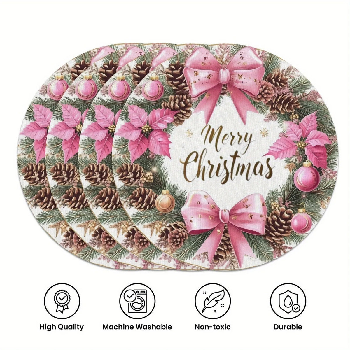 Round Christmas placemat 38x38cm polyester linen or dense hemp with festive bow holly snowflake garland design