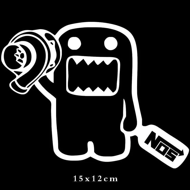 Cartoon cute funny design PVC car sticker in black and white, sized 15x12 cm.