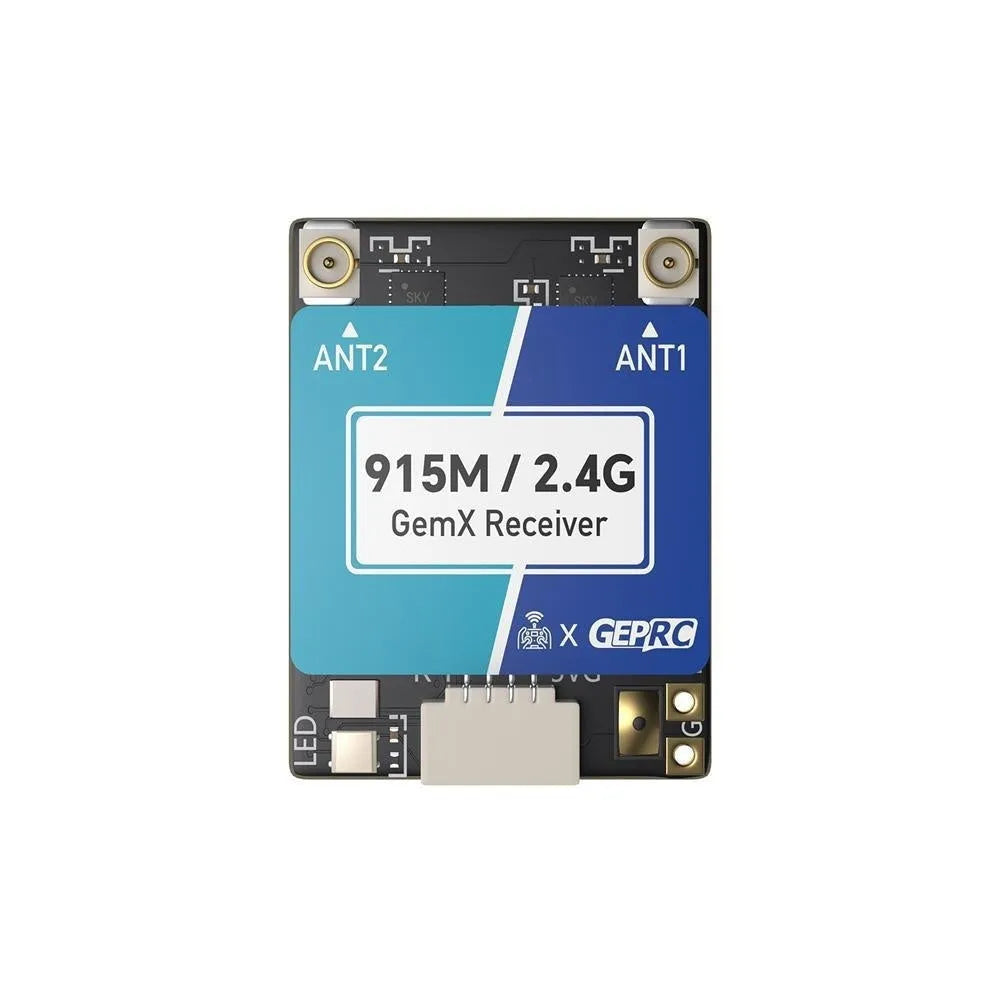 ELRS 915M 2.4G dual-frequency FPV drone receiver with two T-shaped antennas and installation accessories.