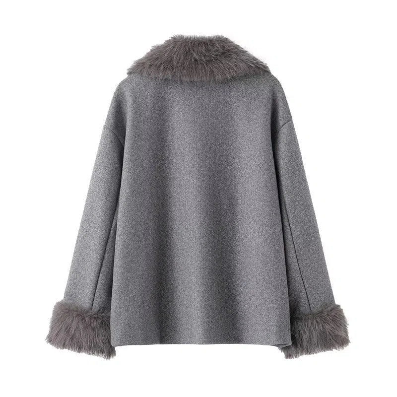 Women's mid-length gray hooded cape coat with belt and removable raccoon fur collar over 100cm long