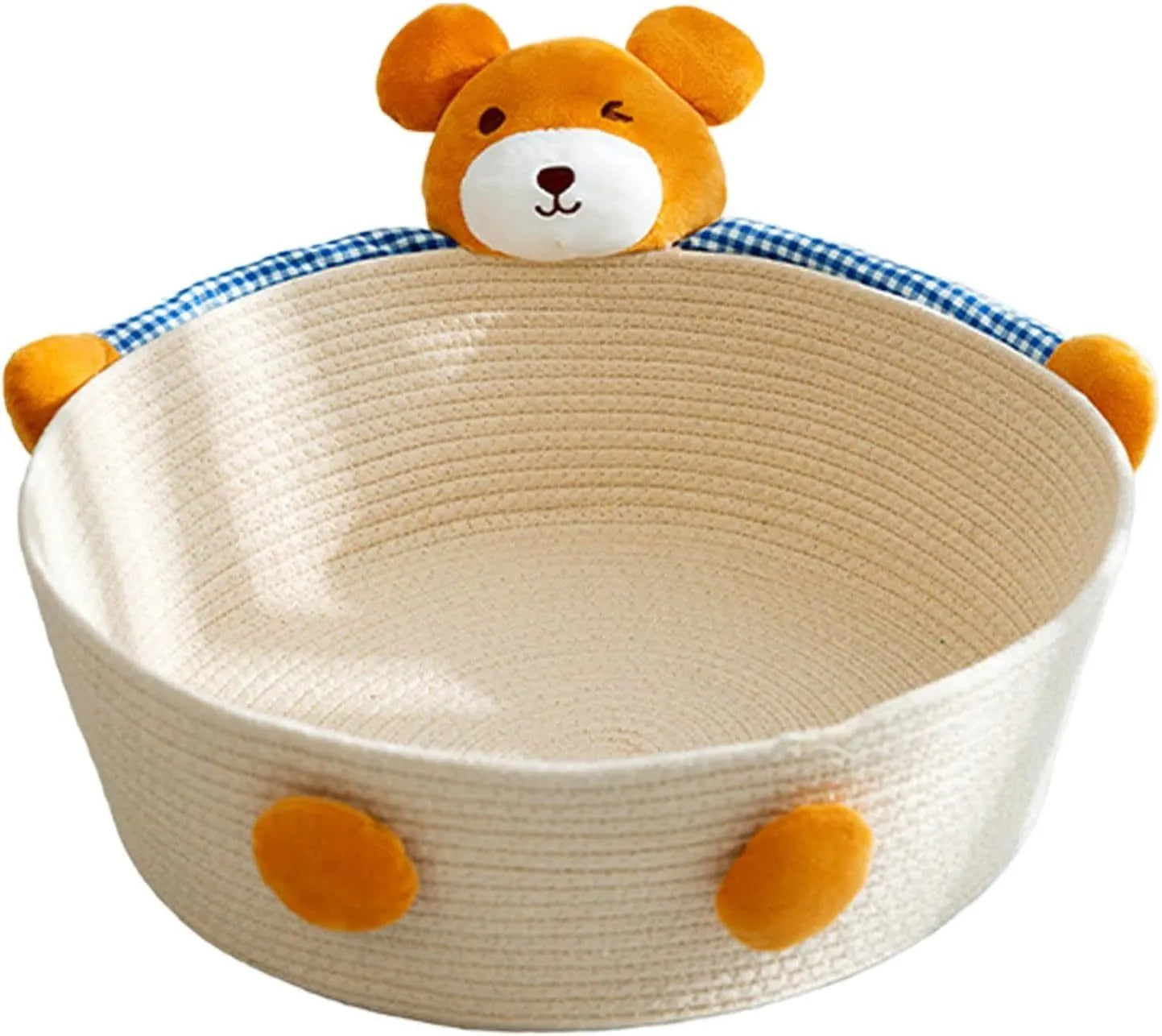 Woven cotton rope cat bed basket with integrated scratching surface in Bear or Rabbit design.