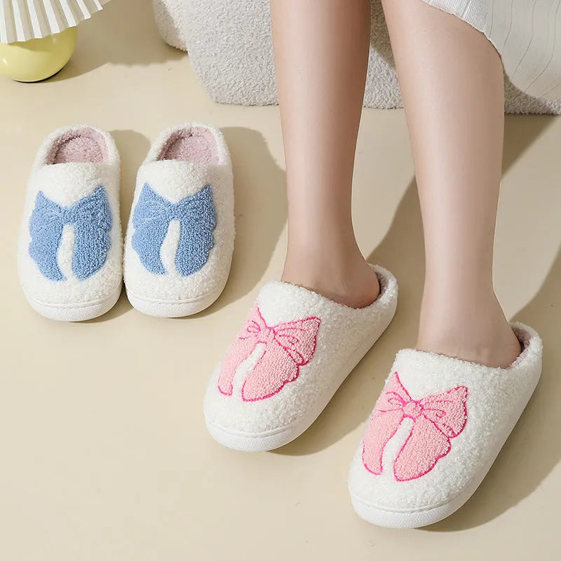 Pink and blue cartoon bow knot cotton slippers with suede upper and TPR sole