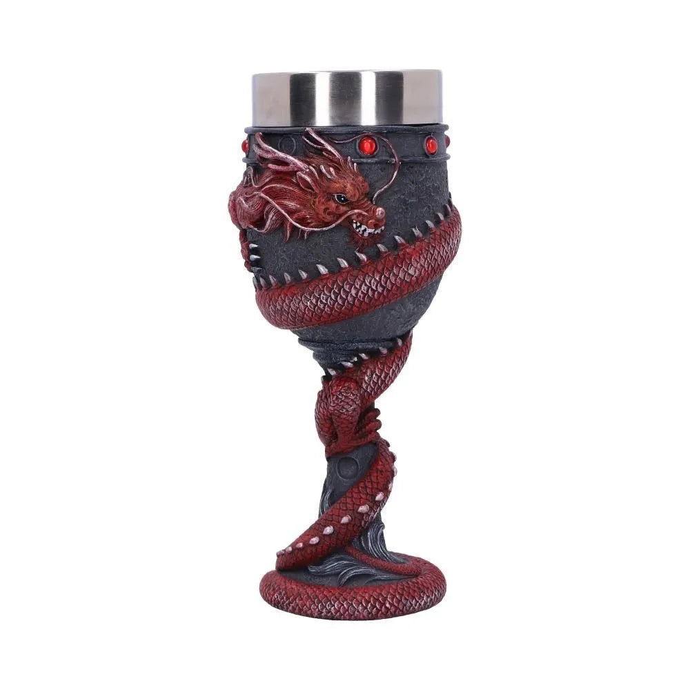 Red wine glass with stainless steel stem and 3D gold dragon resin decoration
