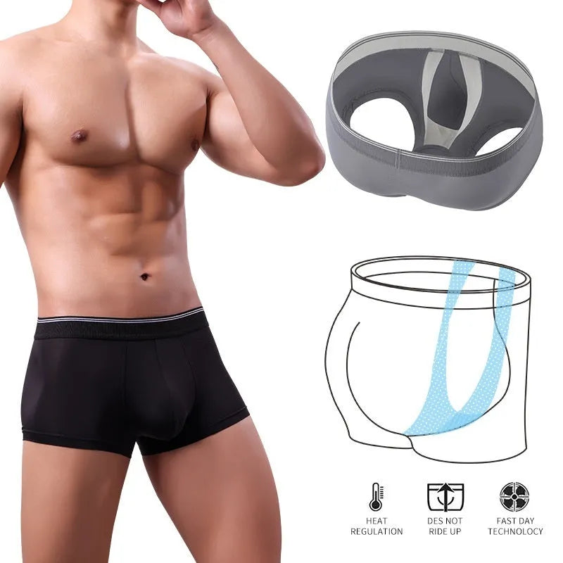 Men's black scrotal support underpants U convex anti-moving ice silk polyester boxer for sport