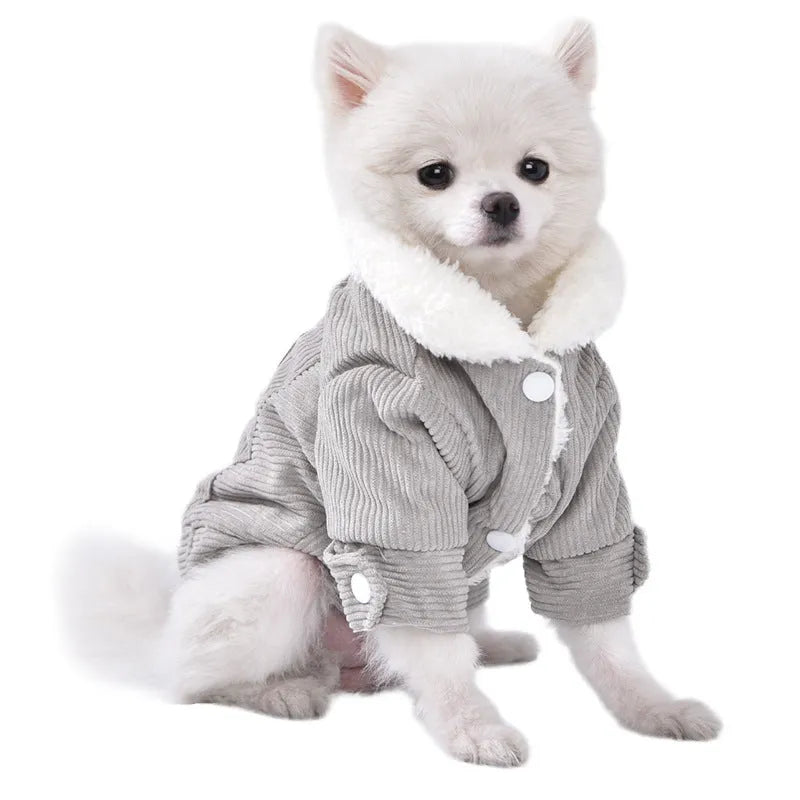 A grey lambswool vest for dogs with fleece lining, shown on a mannequin.