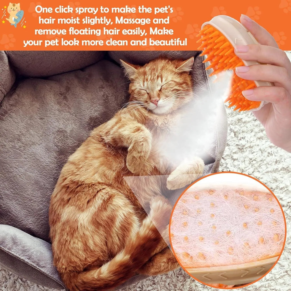 Yellow 4-in-1 cat steam brush with silicone bristles, water tank, and ringworm detector lamp for pet grooming.