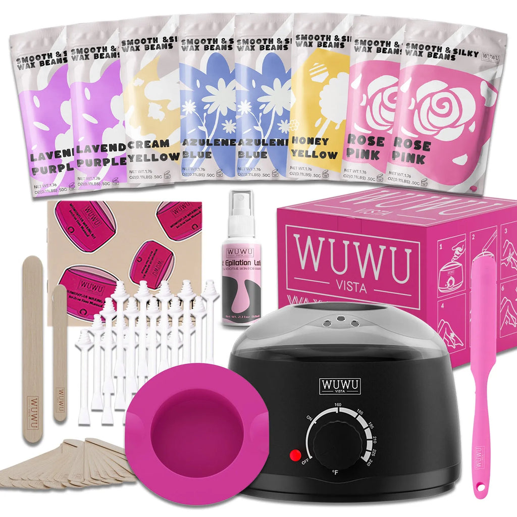 WUWUVISTA 63-piece waxing kit with black warmer, wax beads, applicator sticks, and lotion