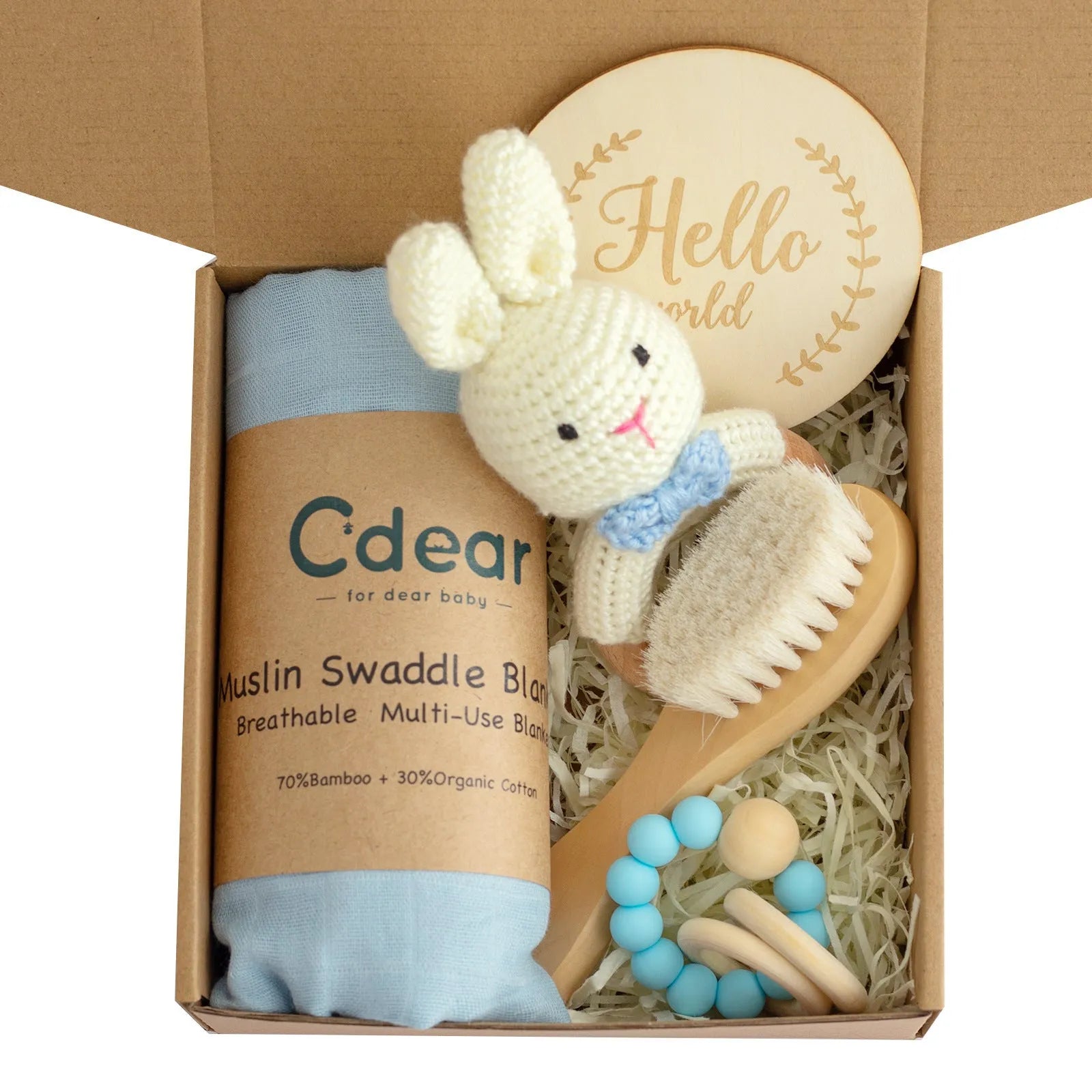 Baby teething toy set with bamboo blanket, wooden teether, bell, tyre brush and milestone for infant development