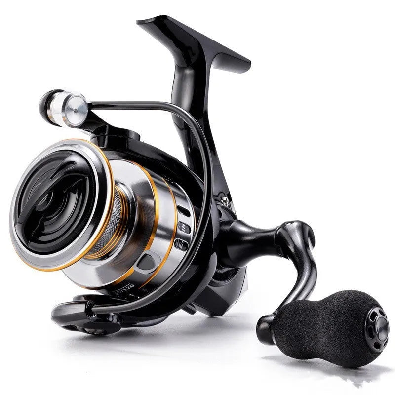 All-metal spinning fishing reel with zero-gap design and black EVA grip handle on a grey background.