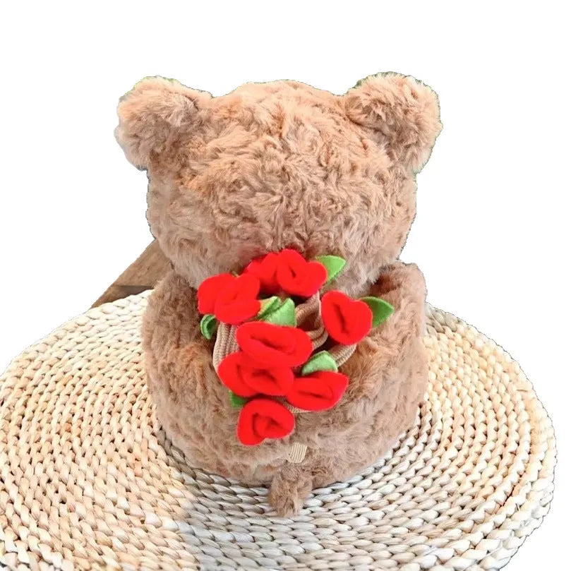 Rose bouquet bear doll plush toy in dark brown or light brown, small or large size, with one plush toy per pack