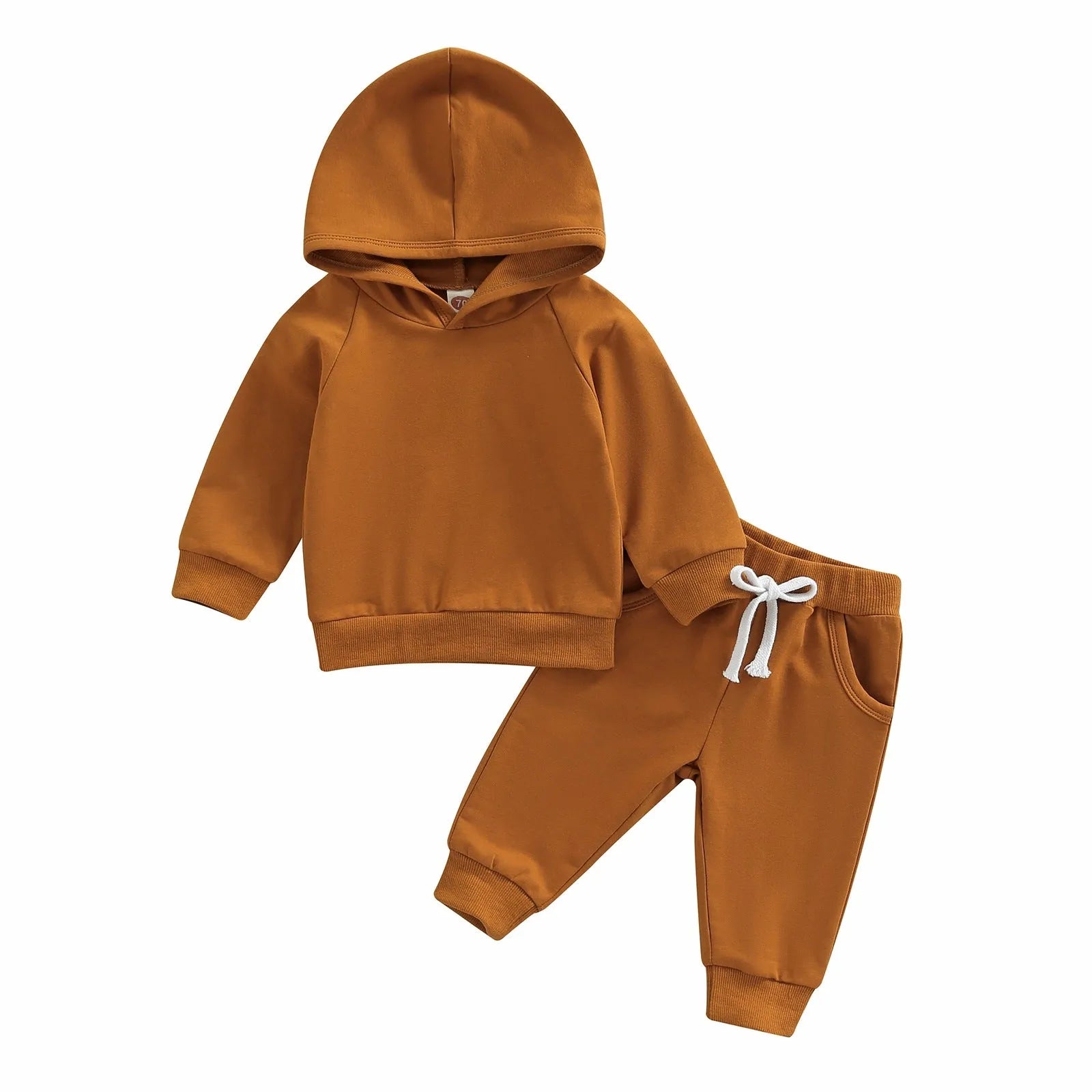 Boys solid colour hooded long sleeve sweater and trousers suit in cotton, available in apricot light brown olive green for 70-110cm height