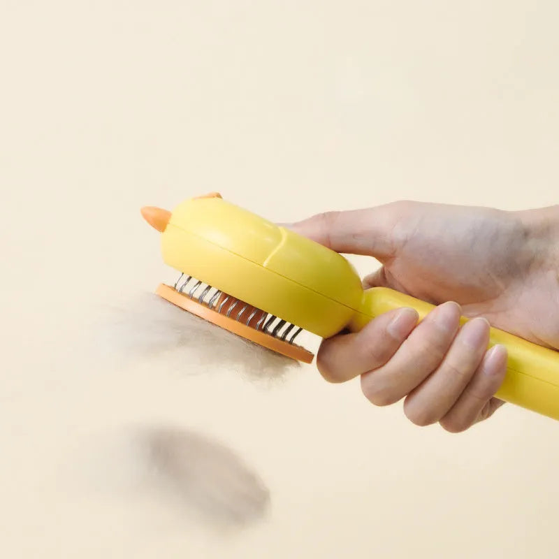 Purple self-cleaning pet grooming brush with stainless steel bristles for cats and dogs