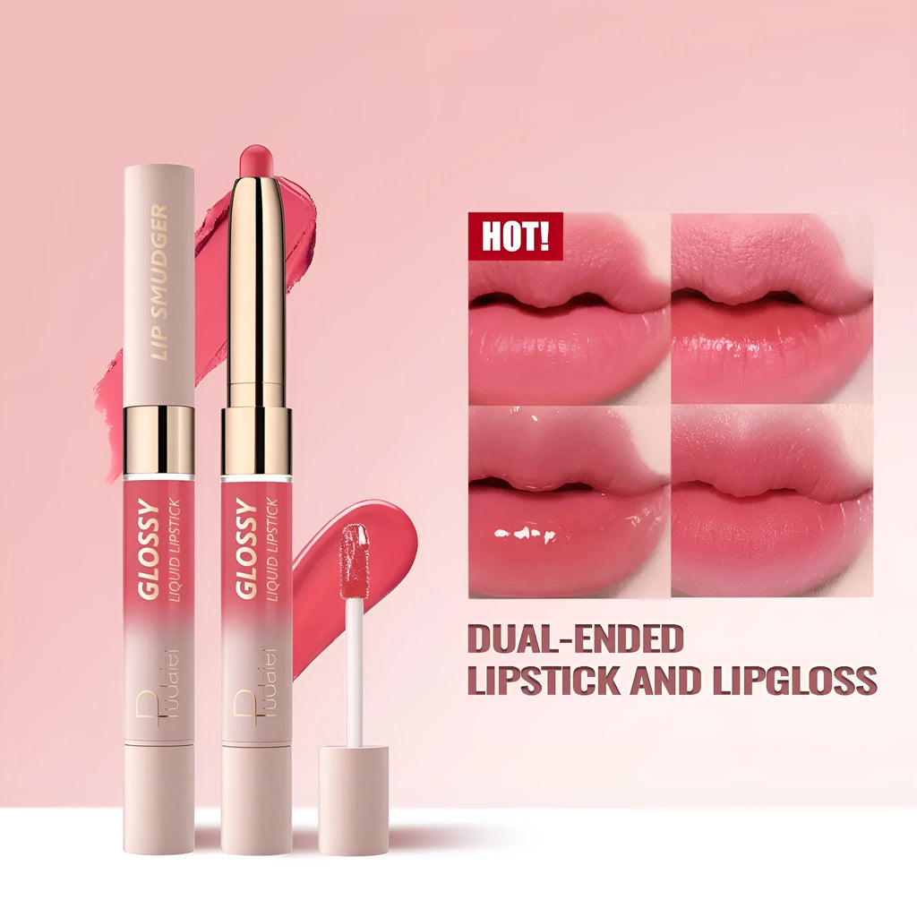 Double-headed lipstick and lip gloss in matte finish showing ten colour options 01 through 10