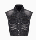 Black and grey washed denim wide leg trousers and vest set on a hanger