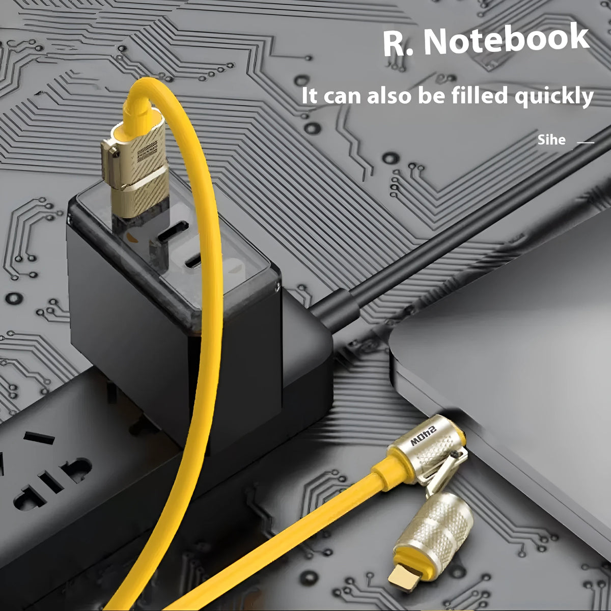 120W four-in-one data cable with zinc alloy connectors, TPE jacket, and multi-function switching interface in yellow