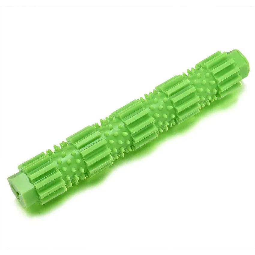Green and orange durable rubber dog chew toy with treat dispenser hole for aggressive chewers.