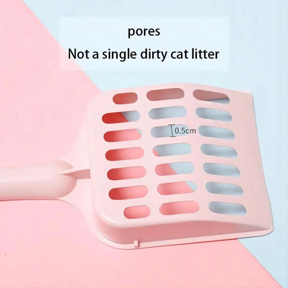 Plastic cat litter scoop in blue, green or pink colours showing 20cm length