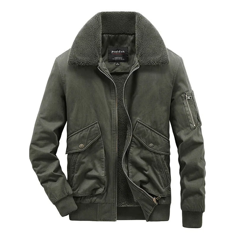 Men's winter cotton-padded fleece jacket in khaki, loose fit, sizes M to 5XL