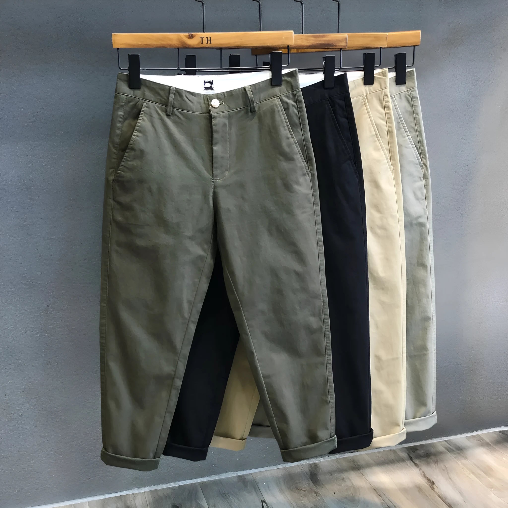 Men's cropped pure cotton casual pants in khaki, mid waist with zipper fly, size S to 3XL
