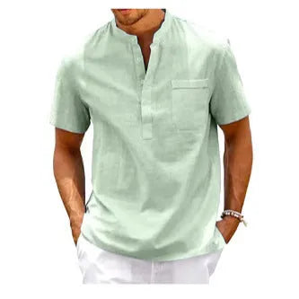 Men's solid colour short sleeve polo shirt with a stand collar, shown in a loose fit.