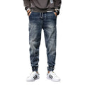 Men's blue plus size velvet stretch jeans with fleece lining, slim casual fit