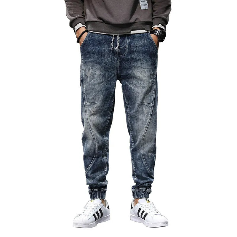 Men's blue plus size velvet stretch jeans with fleece lining, slim casual fit