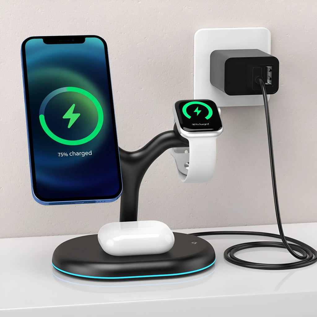 Black three-in-one magnetic wireless charger for mobile phones, tablets, and earbuds on a desk.