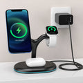 Black three-in-one magnetic wireless charger on a surface